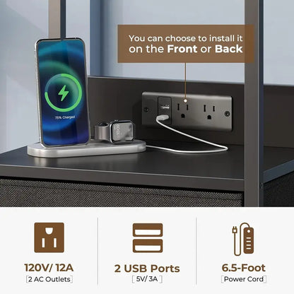 Mesita de Noche con Estación de Carga y Luz LED,