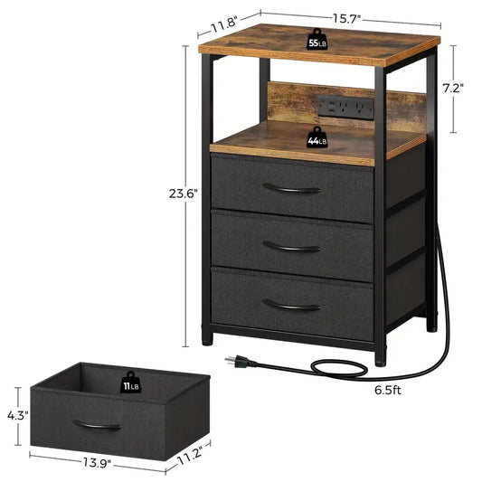 Mesita de Noche con Estación de Carga y Luz LED,